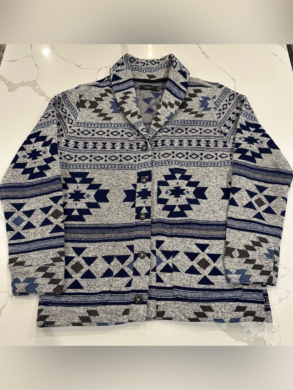 Junk Food Clothing Harper Southwestern Fleece Cardigan L Unisex Aztec Blue Gray